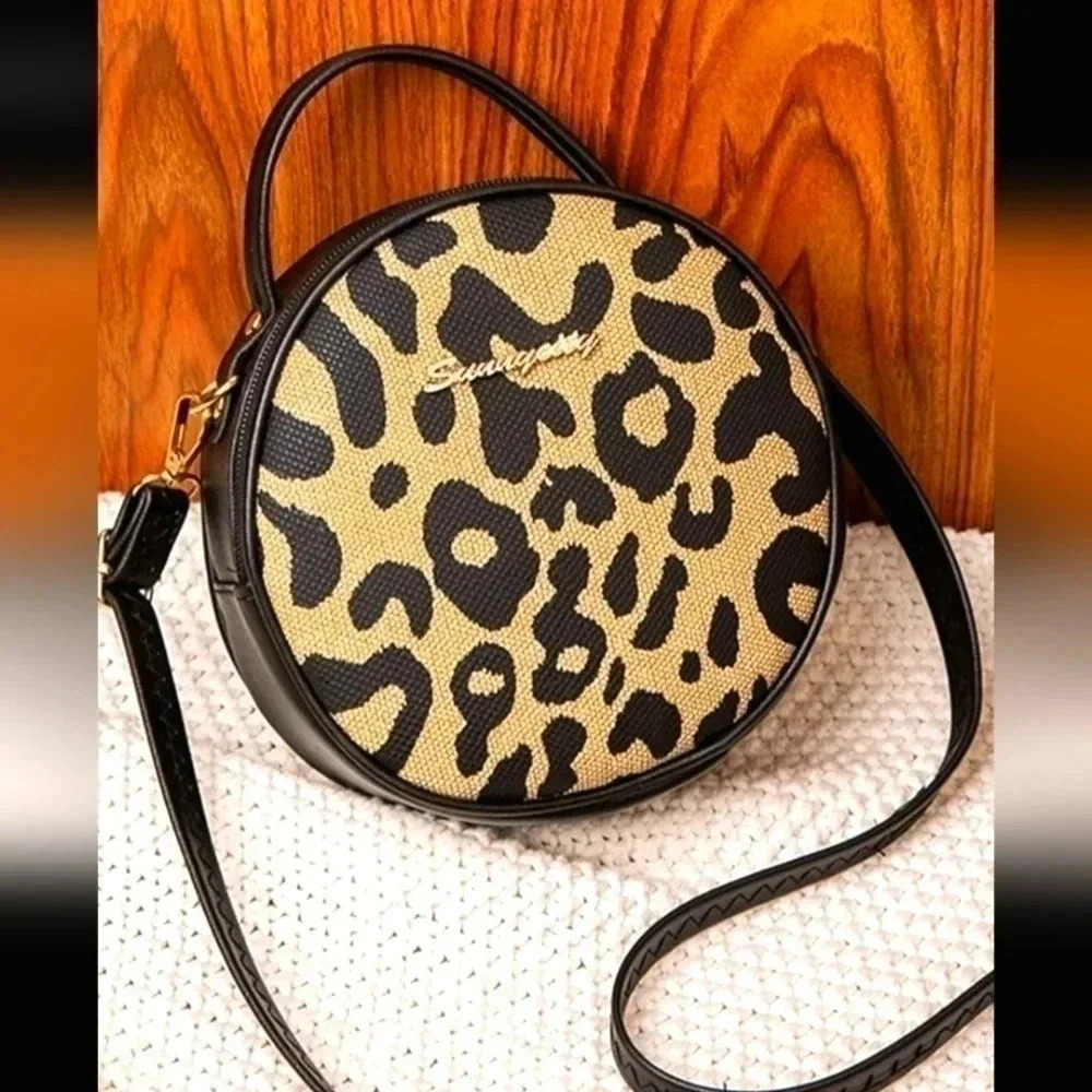 Cheetah print round women's handbag purse satchel crossbody girls luxury makeup